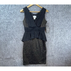 Vintage Maria Bonita Dress Medium Black Gold Sparkle Peplum Fitted Cocktail Y2K